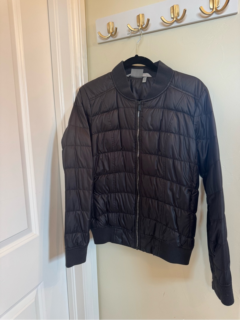 Athleta Black Quilted Bomber Jacket with Ribbed Trim